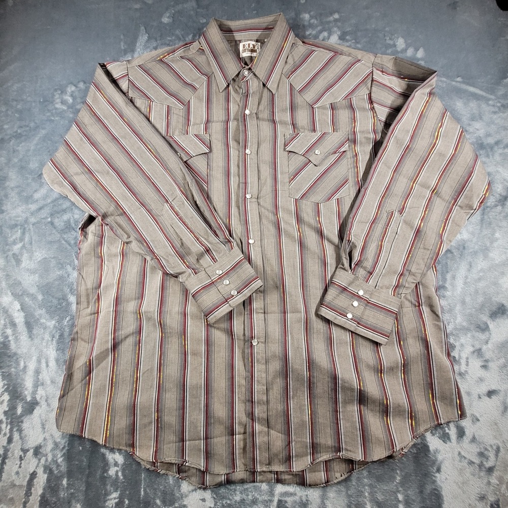 Ely Cattleman Mens XL Western Snap Shirt Striped Metallic Gold Lurex Long Sleeve